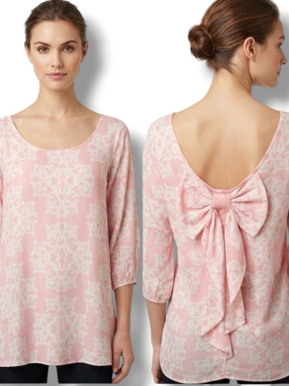 Blue Rain Francesca’s Y2K Pink White Medallion Print Bow Back Blouse Size M